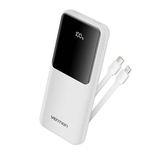 پاوربانک ونشن مدل FHOW0 10000mAh Power Bank (Micro-USB + USB-C + USB-A + USB-A) with Built-in USB-C and Lightning Cables 22.5W White LED Display Type